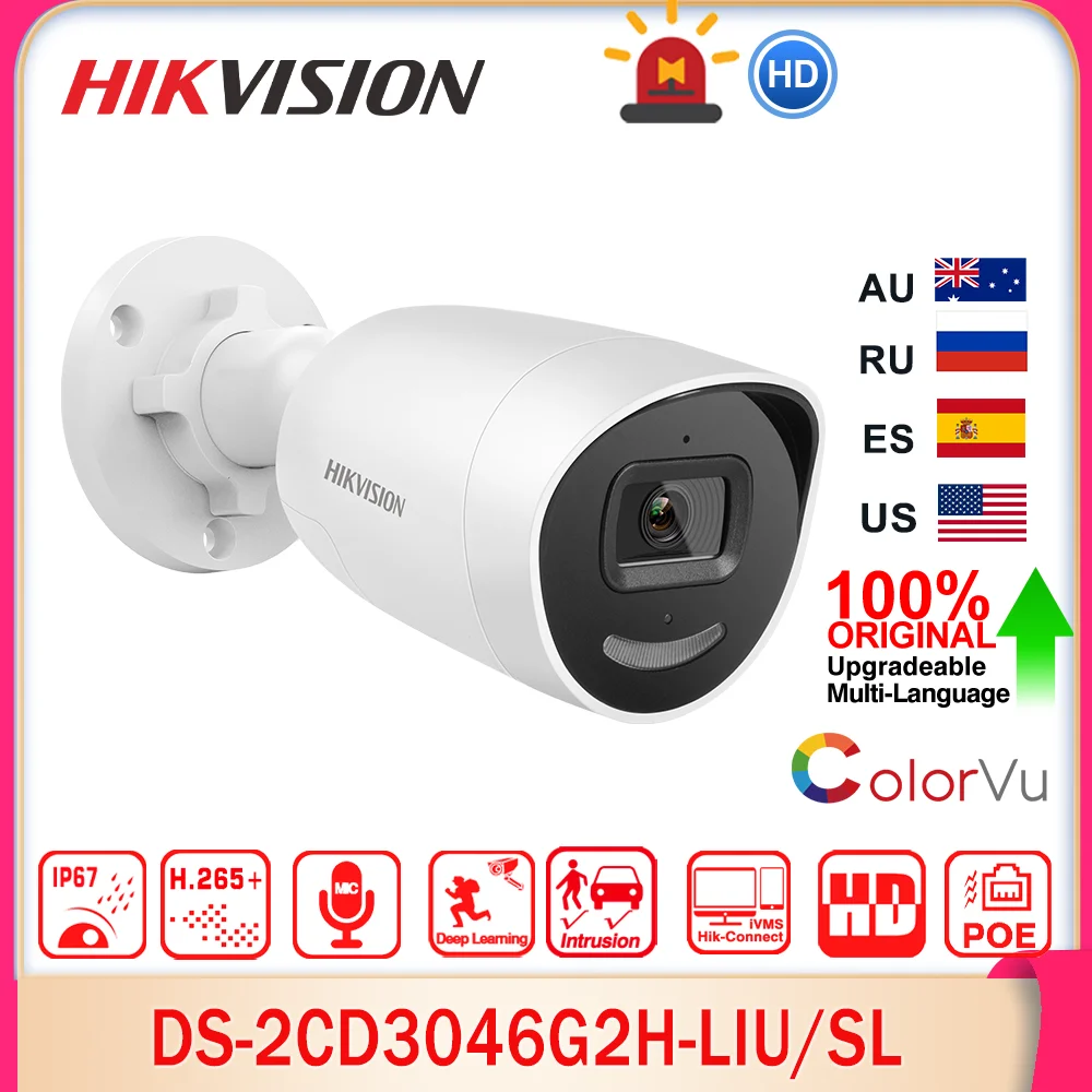 Hikvision DS-2CD3046G2H-LIU/SL 4MP Acusense ColorVu Smart Hybrid Light IP Camera Strobe Light Audible Alarm 2-Way Audio SD Slot