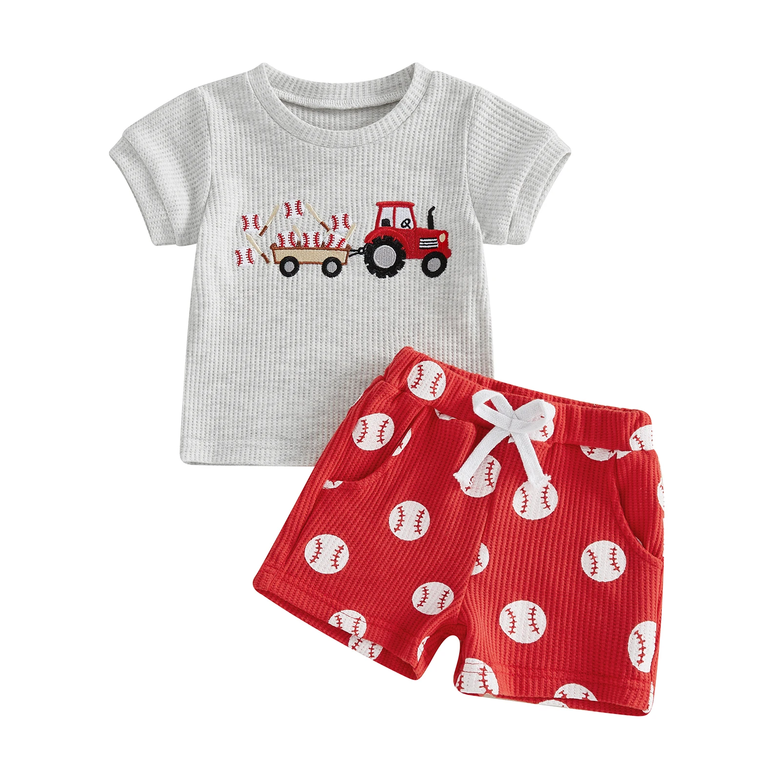 2Pcs Baby Boy Summer Outfits Short Sleeve Baseball Tractor Embroidery T-Shirt + Shorts Set Toddler Clothes
