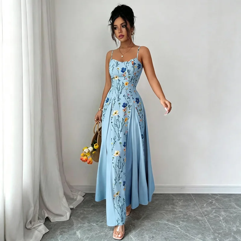 Elegantes Damen-Maxikleid mit Blumenmuster, Spaghettiträgern und Korsett, Fließendes A-Linien-Kleid für Sommer, Strand, Hochzeitsgäste und Urlaub – Detail 6