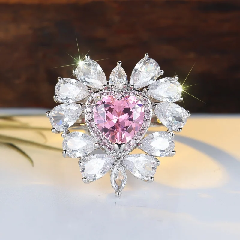 2026 New Love Pink Zircon Crown Flower Cluster Ring Elegant Bridal Wedding Water Drop Surrounding Retro Accessories