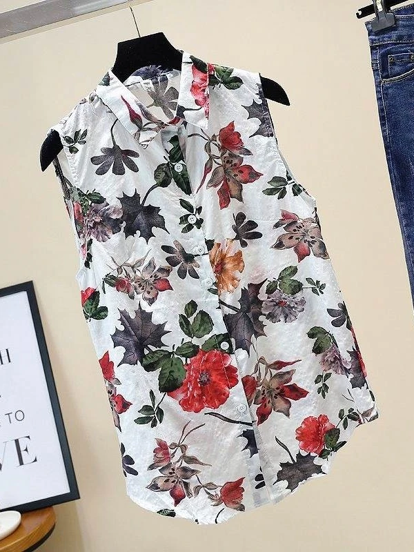 Cotton Blend Summer New Style Women's Loose Sleeveless Floral Shirt Vintage Hong Kong Style Cover Belly Top Korean Version