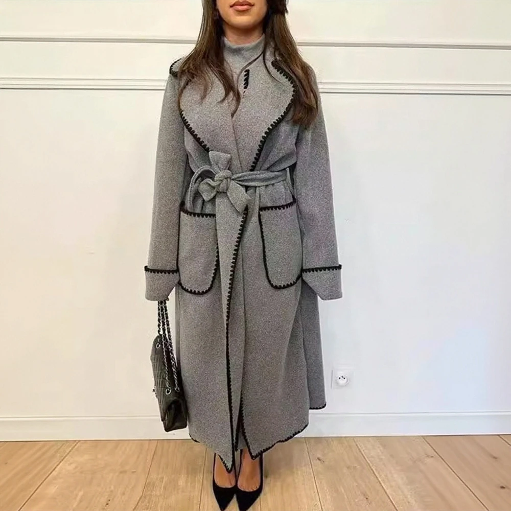 

Женское зимнее пальто с длинным рукавом, удобное однотонное офисное женское пальто на шнуровке с лацканами, повседневное