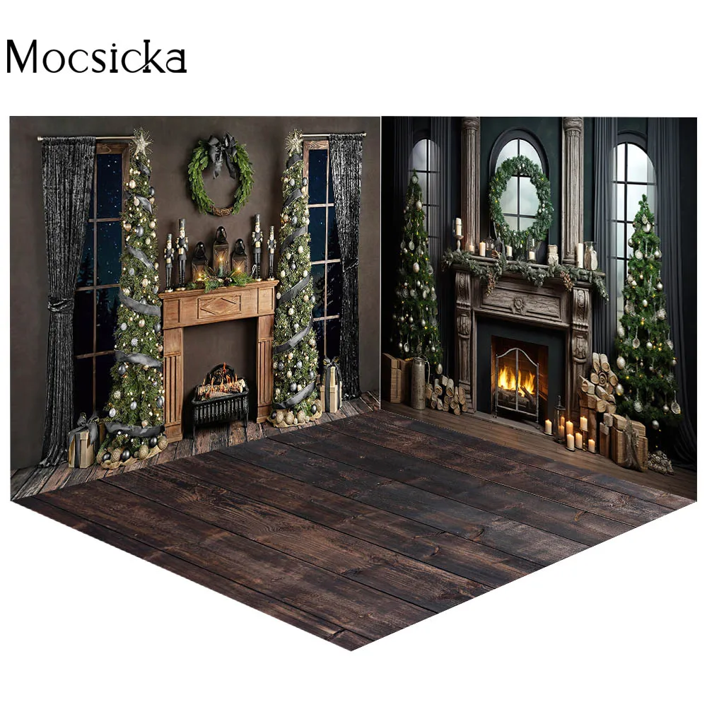 3D Christmas Fireplace Photography Backdrops Elegant Dark Green Xmas Tree Decor Winter Holiday Family Portrait Photo Background