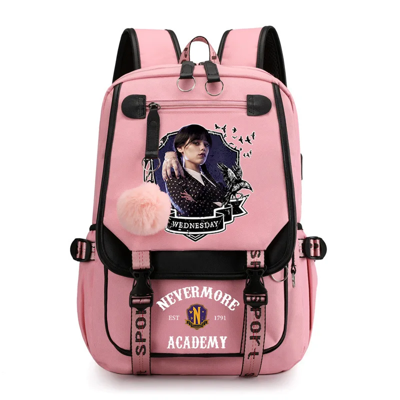 

Plush Ball Schoolbag Wednesday Backpack Teenage Girls Addams Wednesday School Bags Fashion Women Bagpack Trend Students Rucksack