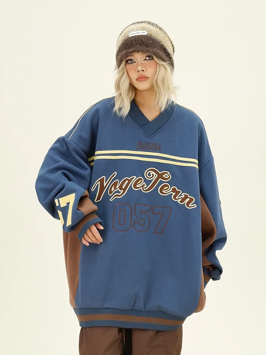 Stripes Contrasting Letters V-neck Hoodies 2024 Autumn New Loose Bf American College Style Top Women