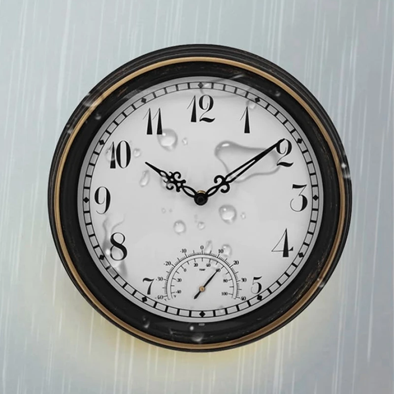 Outdoor Waterproof Wall Clock With Thermometer IP44 Vintage Round Garden Decor Clock 12 Inch Outdoor Clock