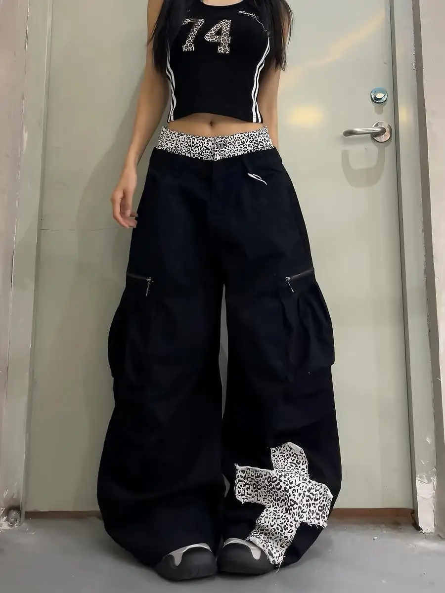 2026 New Men Women Leopard Patchwork Double Waistband Curved Wide‑Leg Jeans, American Street Cargo Denim Pants