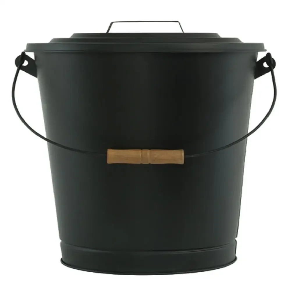 Fireplace Ash Can Bucket Storage Container with Lid Wide Mouth Steel Construction Black Carry Handle Snug-Fitting Cover Durable