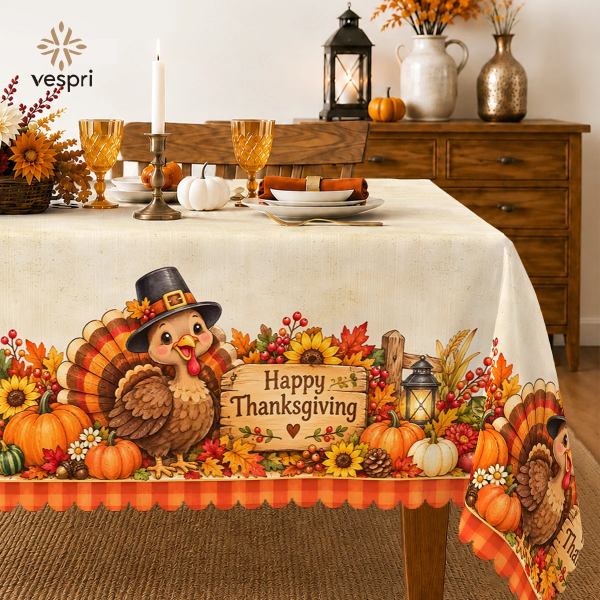 Harvest Tablecloth with Cornucopias & Turkeys for Indoor/Outdoor Camping decor, Rectangular/Round/Oval
