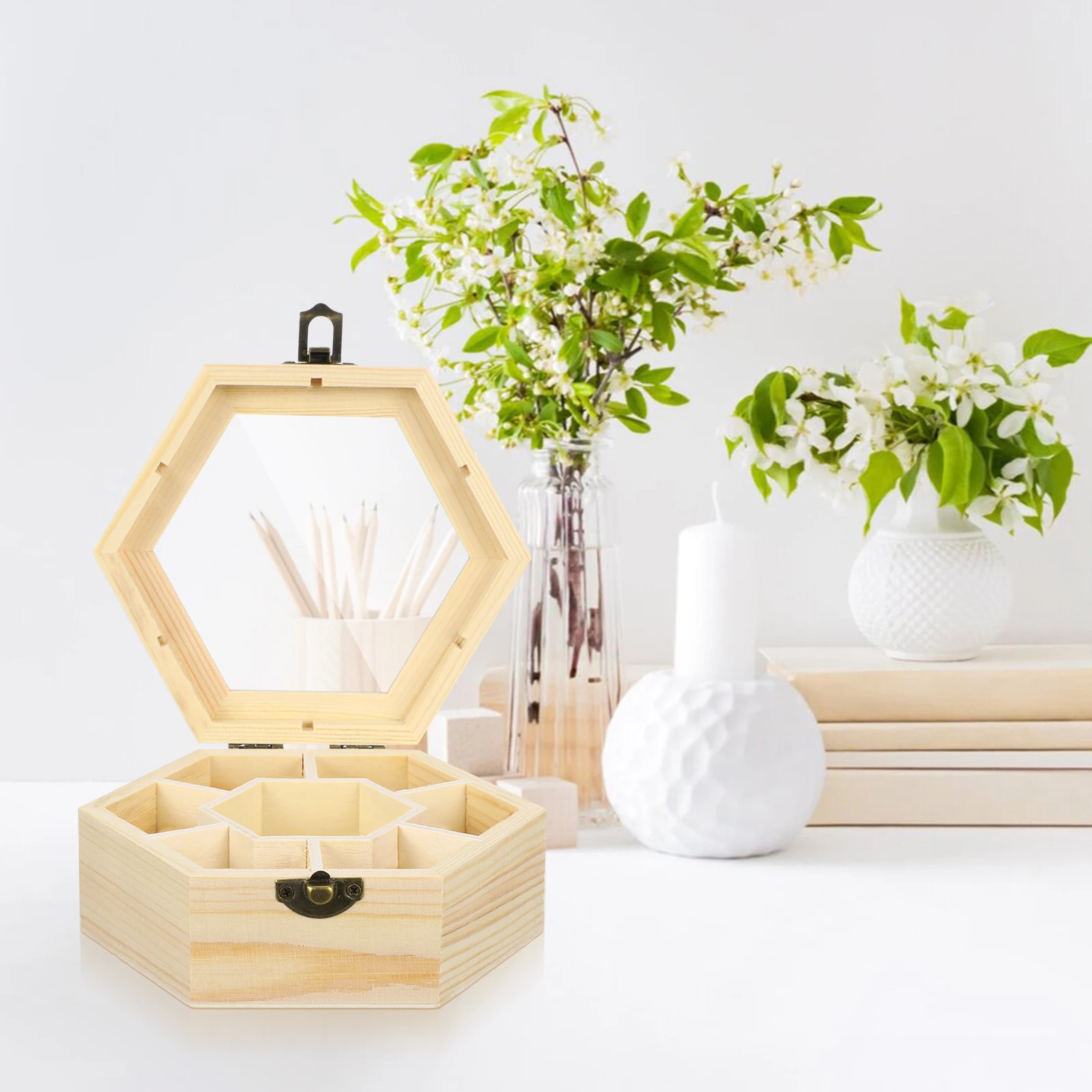 

1pc DIY Wooden Jewelry Box Handmade Hexagon Storage Container Lightweight Craft Box Snow Clay Organizer for Women Gifts