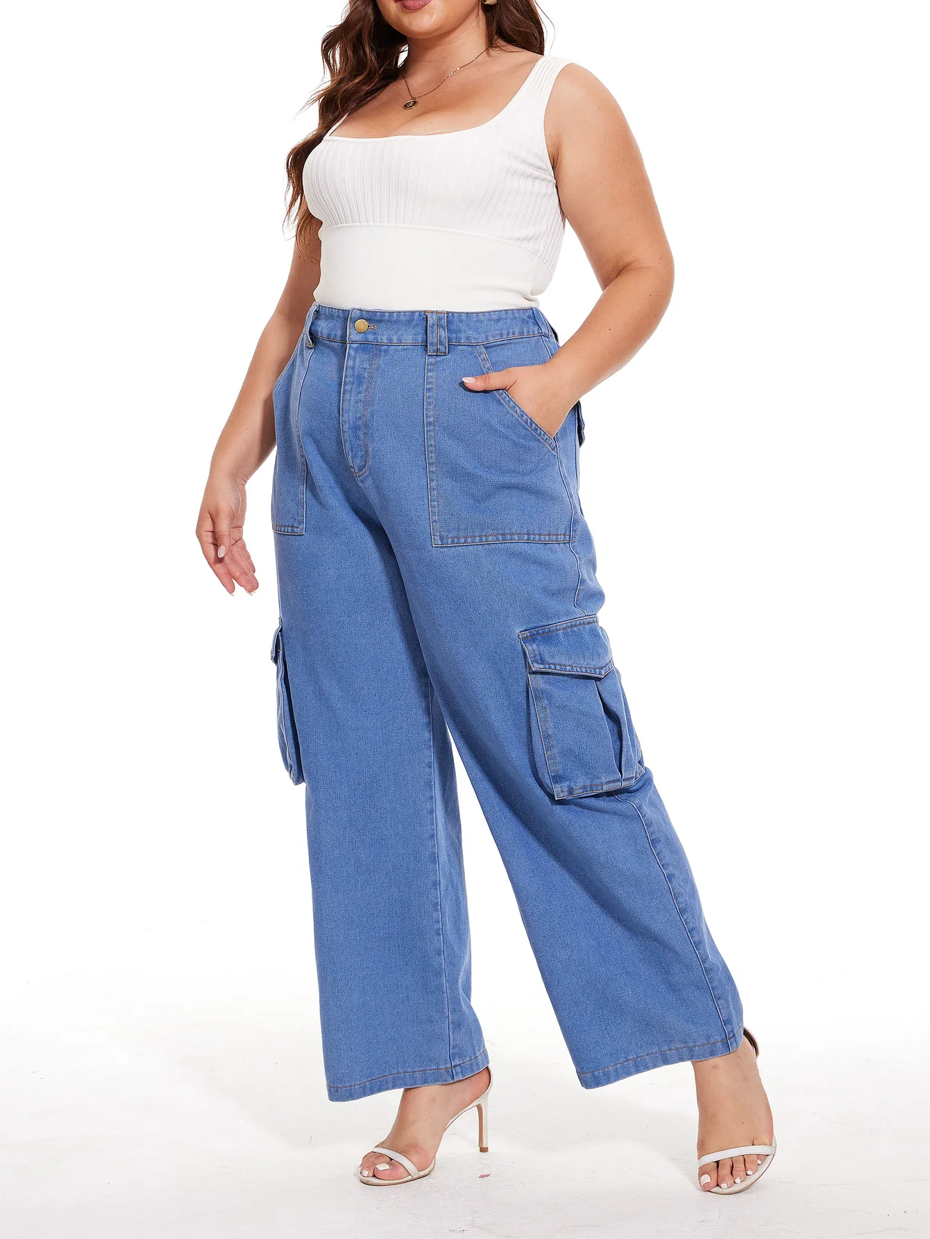 

Blue Women's Plus Size Pants, Outdoor With Pockets Solid Color Casual Pants Jeans