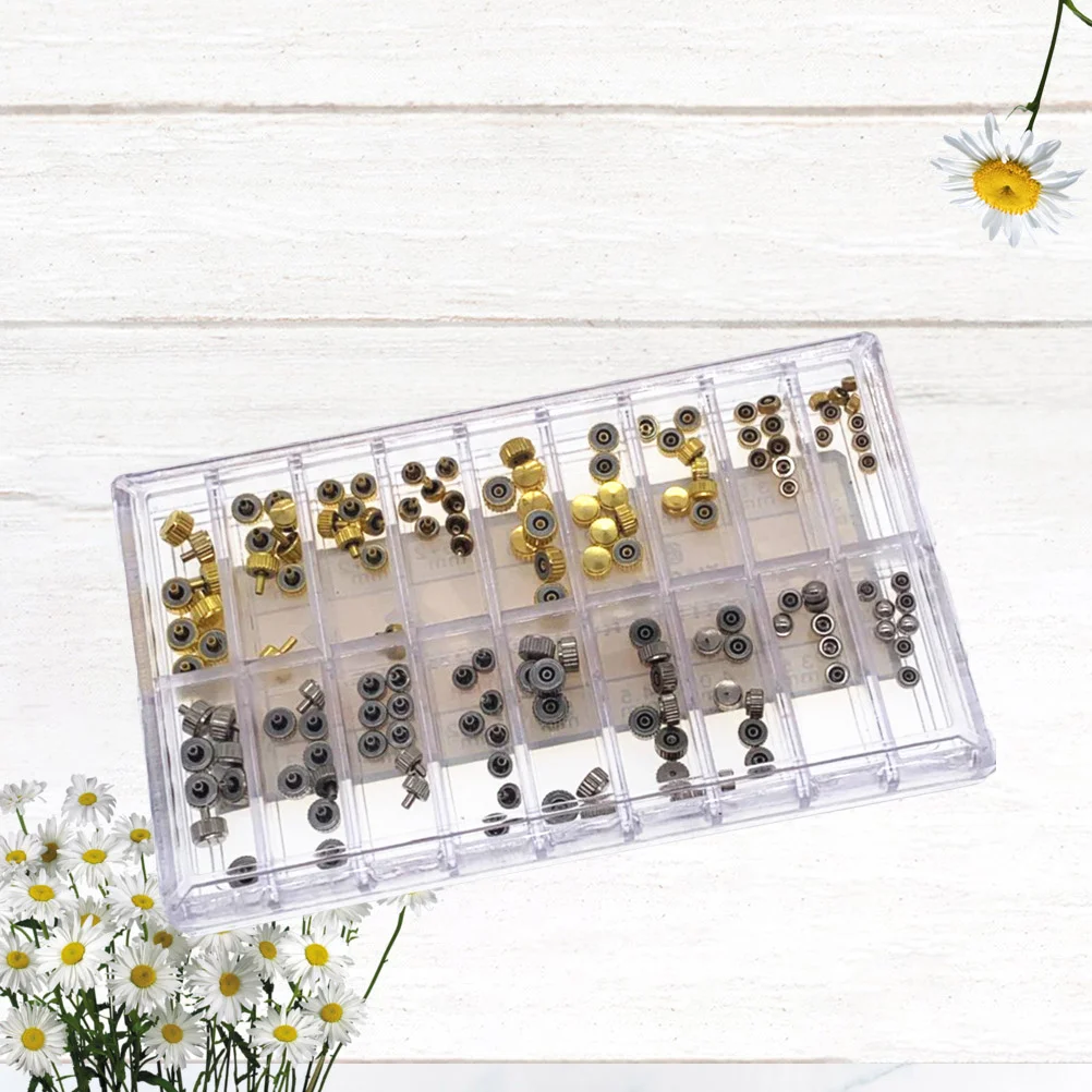 

140Pcs Watch Crown Components Mixed Gold Silver Assorted Sizes Replacement Waterproof Watch Tube Head Stems Kit for Repair