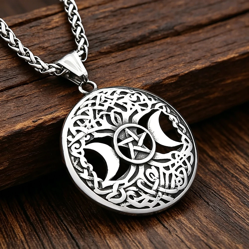 Triple Moon Pentagram Pendant Necklace Unisex Stainless Steel Celtic Knot Cutout Spiritual Protection Talisman Daily Wear Jewelr