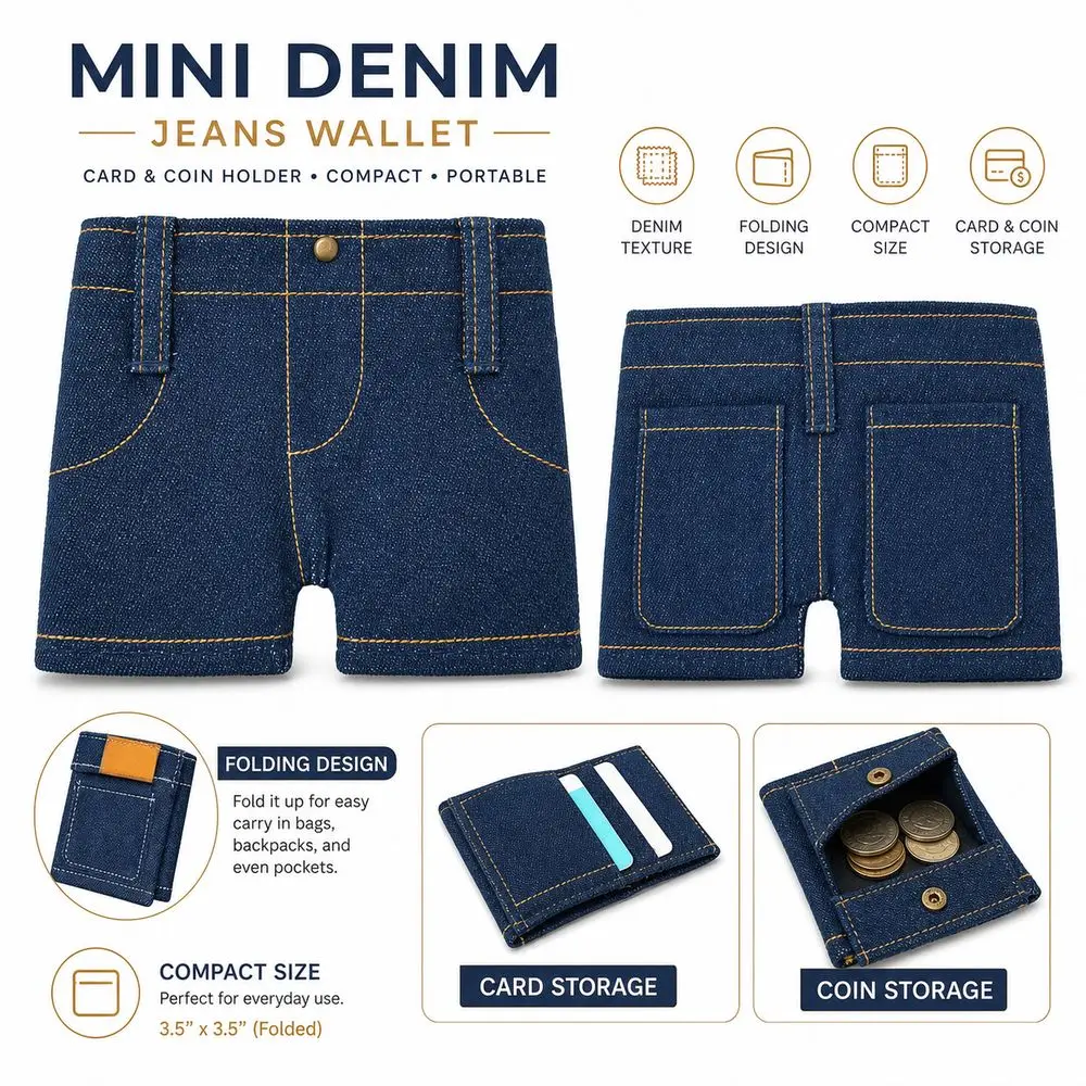 Durable Foldable Denim Shorts Wallet Snap Button Denim Jeans Shaped Wallet Compact Folding Card Holder Storage Compartment view 5