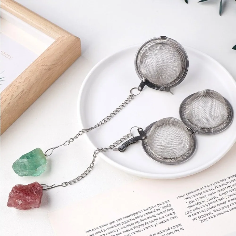 Stainless Steel Tea Filter Strainer with Crystal Stone Chain Fine Mesh Teapot Infuser Reusable Spice Strainer for Tea Brewing