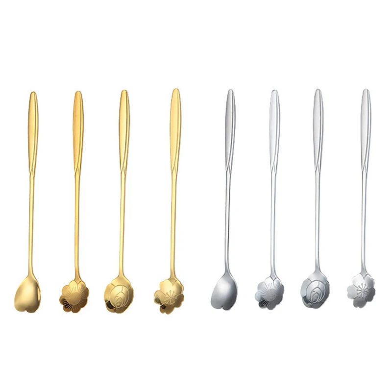 1Pcs Coffee Spoon Stainless Steel Cherry Blossom Rose Creative Long Handle Gold-plated Flower Spoons Kitchen Accessories