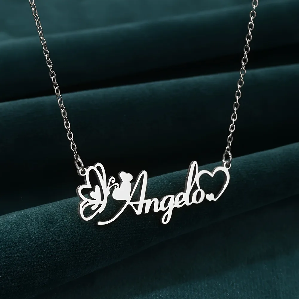 Custom Necklace Personalized Butterfly and Heart Name Necklace - Elegant Stainless Steel Pendant,Perfect Gift for Women