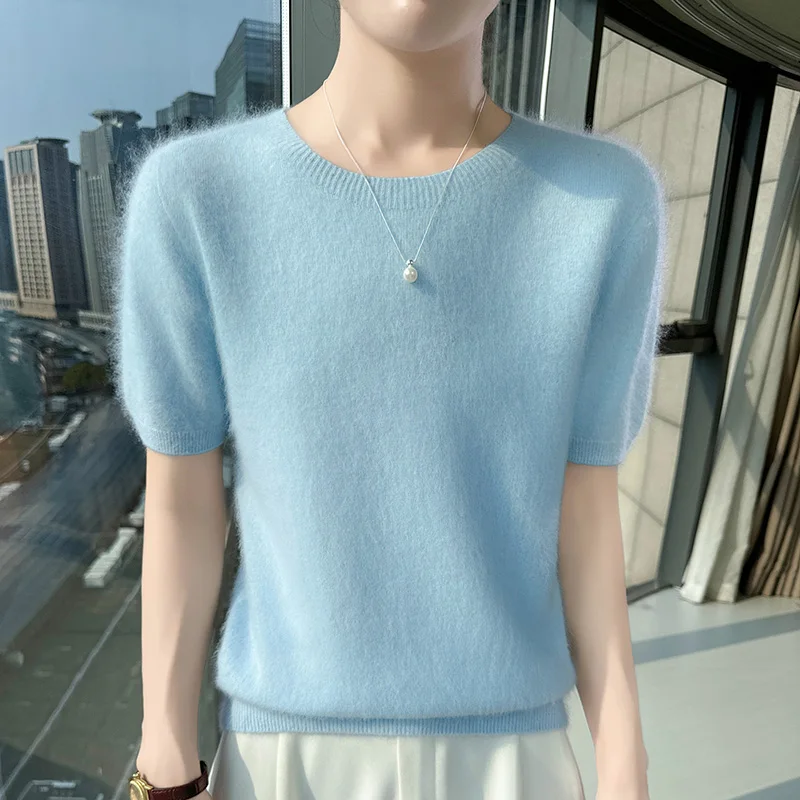 

Spring/ Autumn 2025 Ladies Sweater Pullover Solid Color O-neck Half-sleeved Knitted Mink Cashmere Simple Basic Style Casual Tops