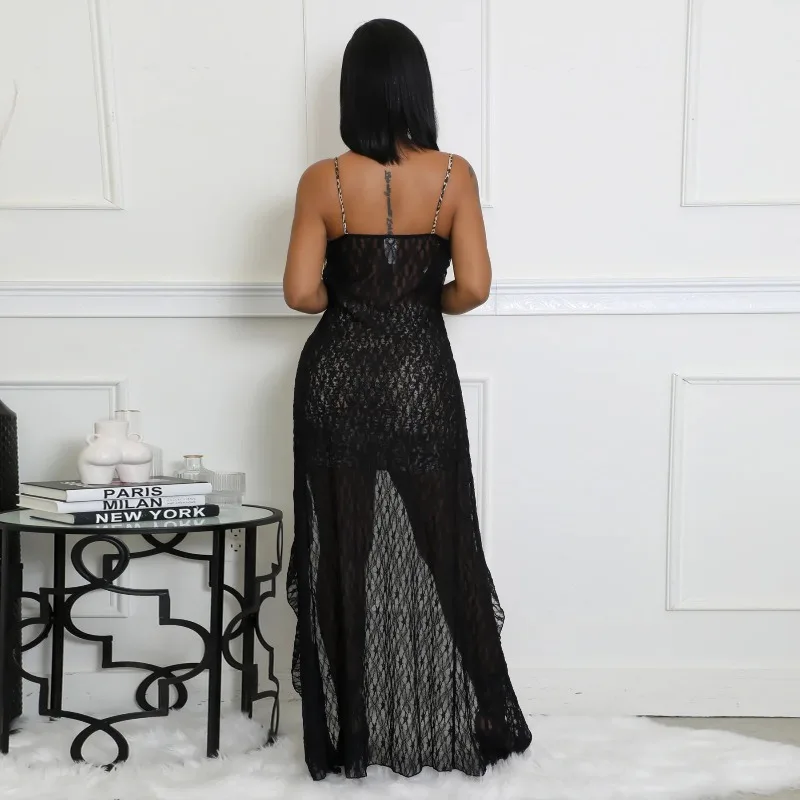 KEXU Fashion Robe longue sexy en dentelle transparente imprimé léopard pour femme avec bretelles et col en V profond avec mini-jupe