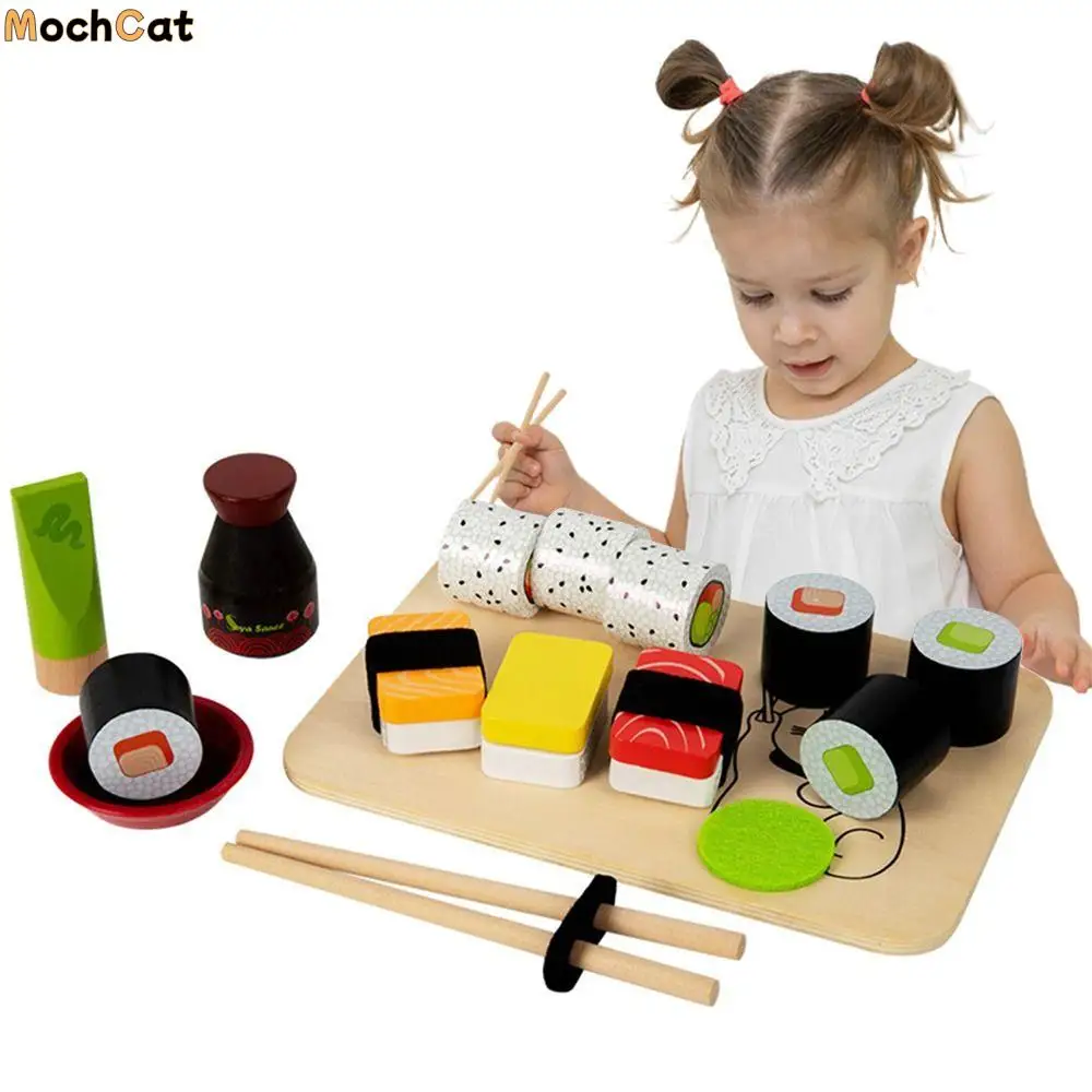 

Funny Simulation Make Sushi Kitchen Toy Smooth Japanese Style Wooden Food Set Reusable Birthday Gift Pretend Play Food Set Boys
