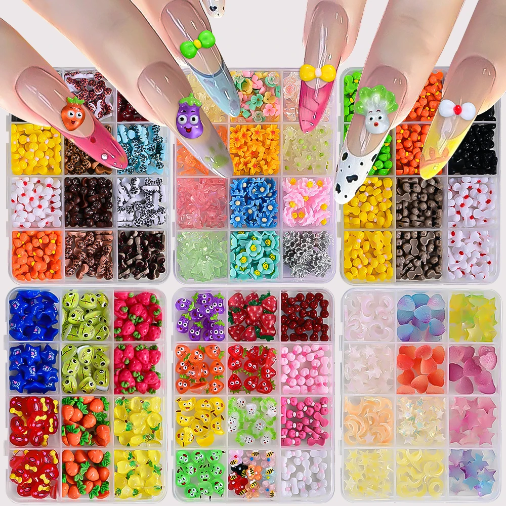 

12Grids Cute Cartoon Fruits Vegetables Flowers Nail Charm 3D Mixed Kawaii Leopard Print Bow Butterfly Rhinestone Nail Decoration