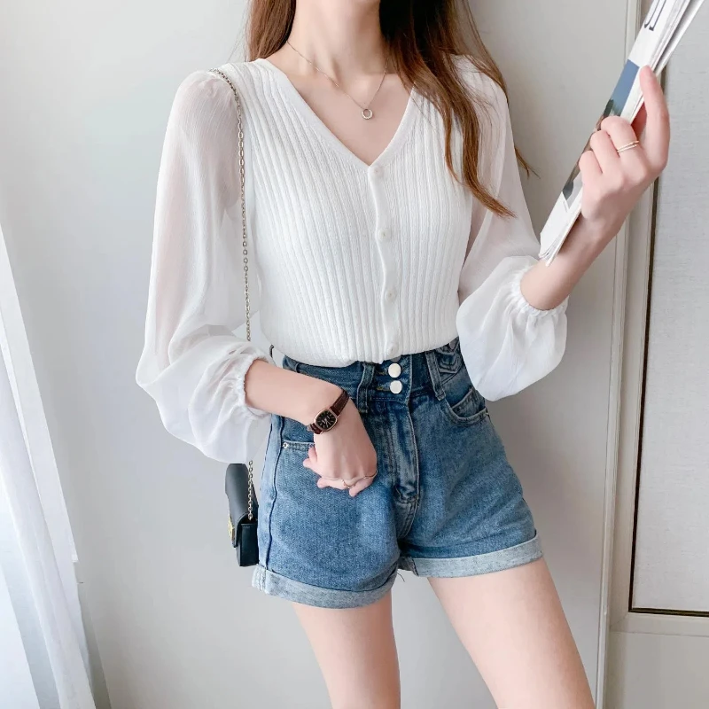 

Spring Autumn Ice Silk Knitted Shirt New Solid Color Splicing Long Sleeve Women's Clothing Fashion Chiffon Thin Style Chic Tops