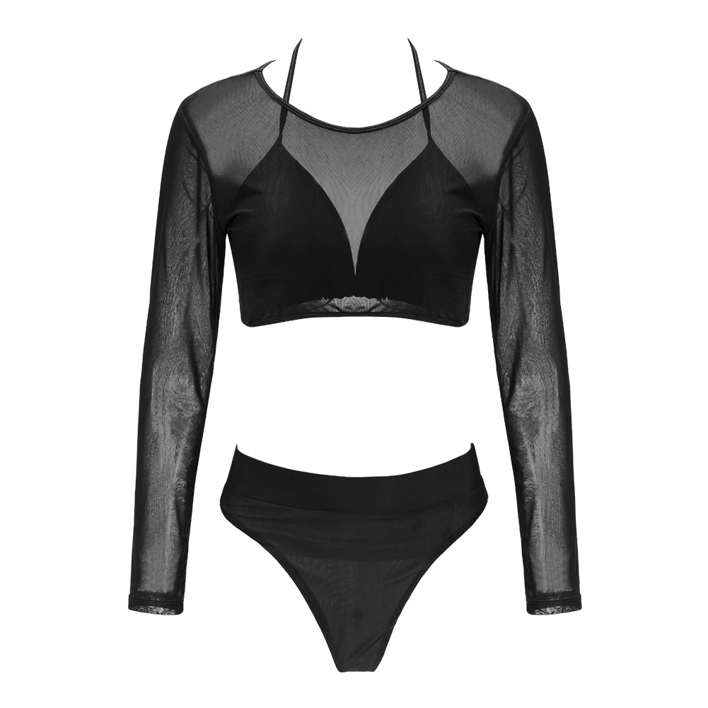 Sexy Womens Swimwear High-Waist Bikini Set With Mesh Cover up Swimsuit Beachwear Bathing Suit