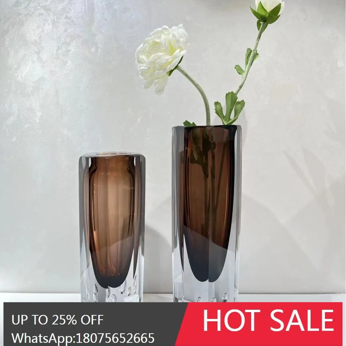 

MJY Modern Light Luxury Amber Glass Ornament Thick Glass Flower Vase Decoration