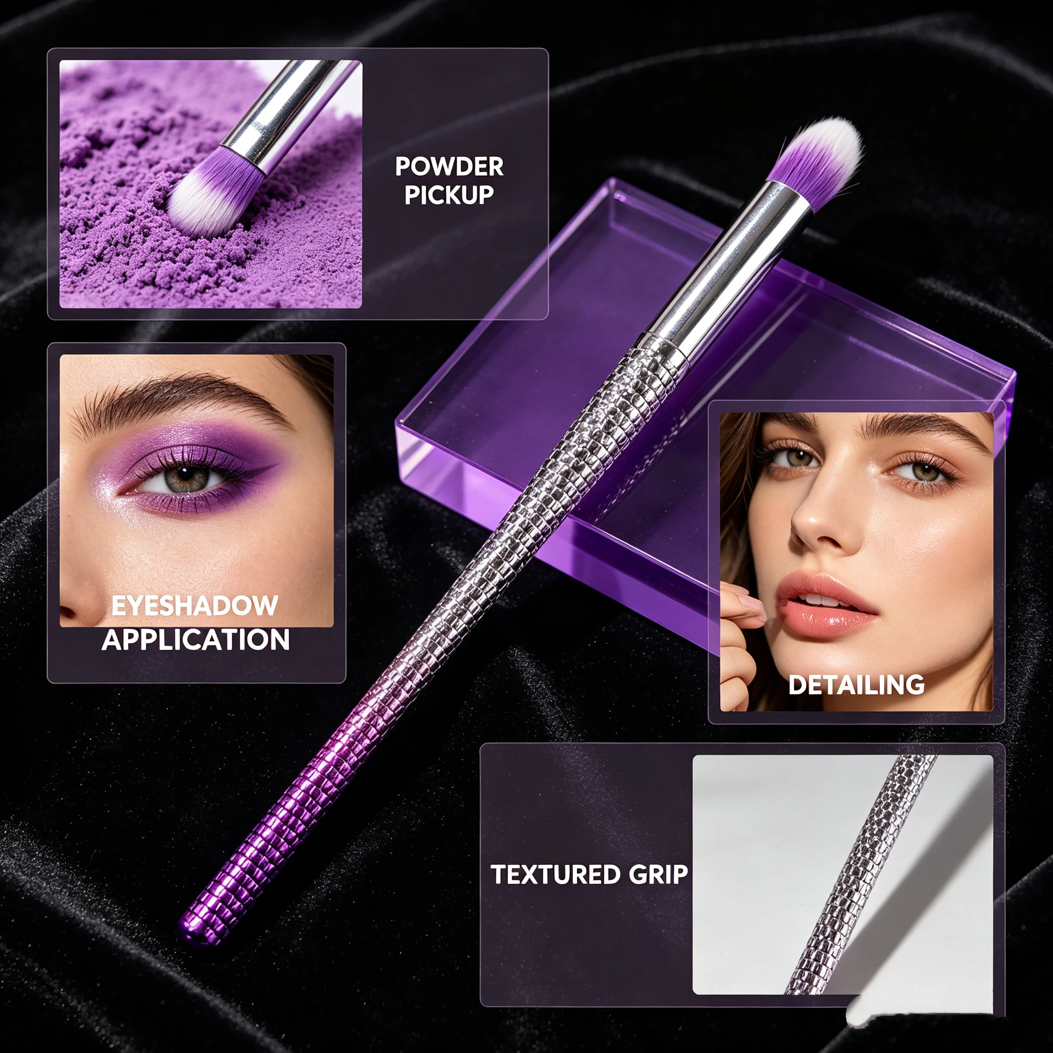 Round-tip detail eyeshadow brush with soft bristles that don't absorb product; ideal for precise eye and lip makeup application.