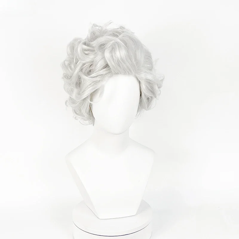 Game Astarion Cosplay Wig Baldur's Gate3 Vampire Wig Short Silver Grey Curly Heat Resistant Synthetic Hair Wigs or Ears
