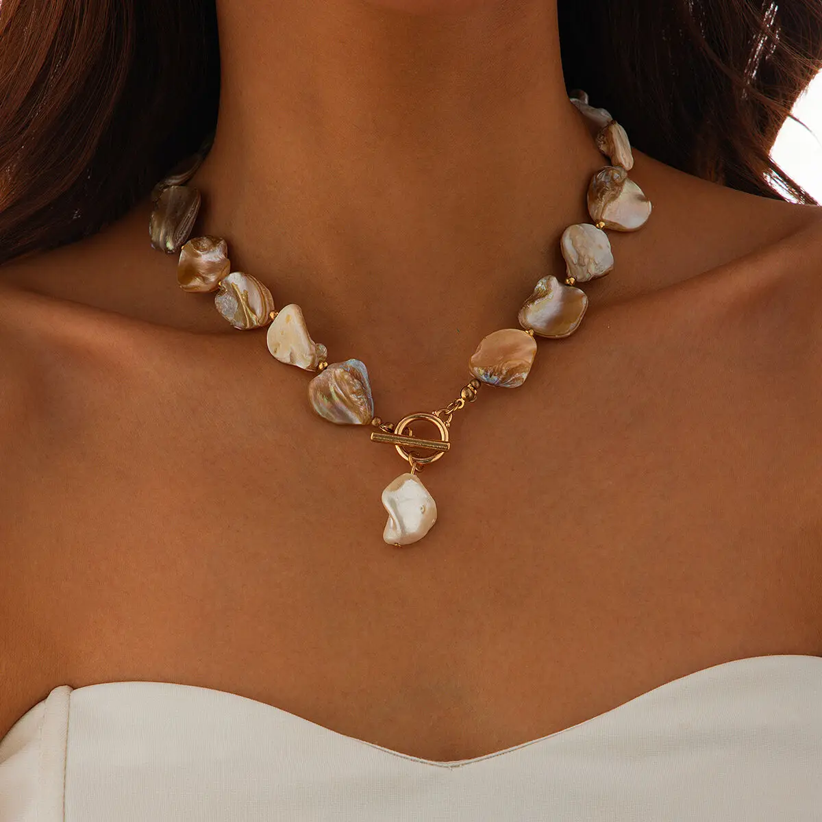IngeSight.Z Elegant Baroque Imitation Pearl Pendant Choker Necklace Women Trendy OT Buckle Beaded Clavicle Chain Beach Jewelry