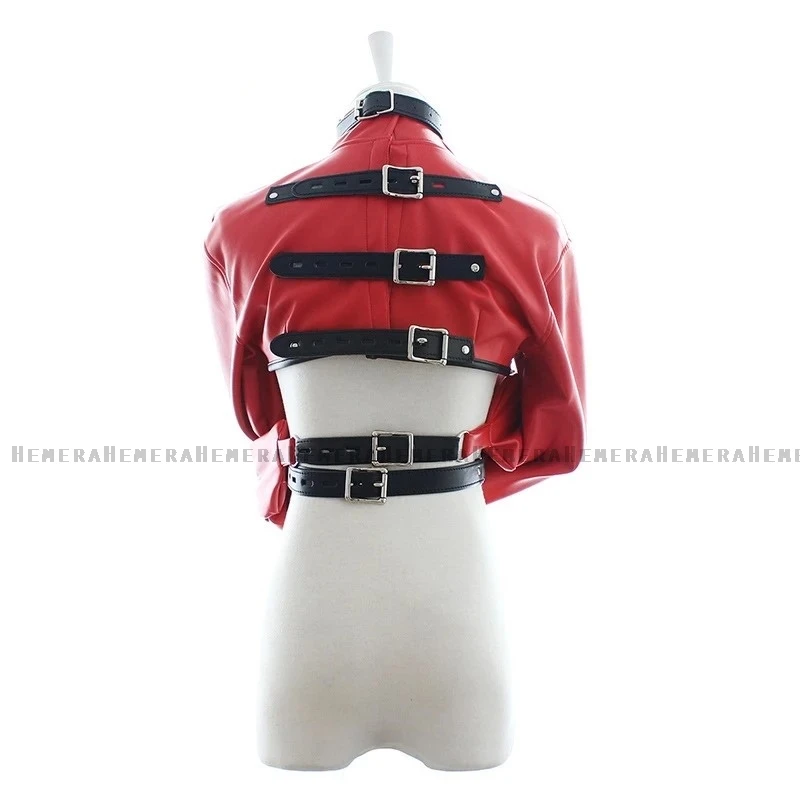 Women Black Red Sexy Open Breast Cupless Leather Bondage Strait Jacket Top Women\'s Restraint Straight Jacket Halloween Costume