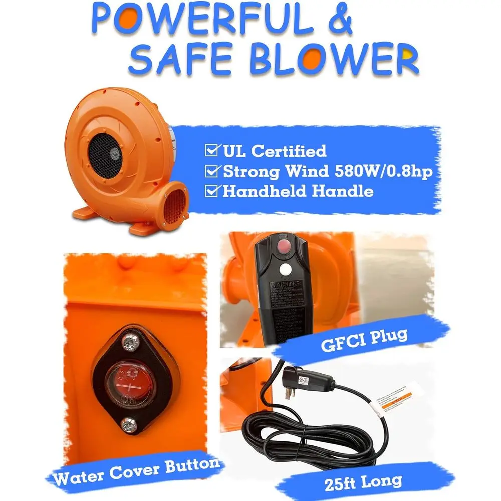 Nadmuchiwany zamek dmuchany w kształcie rekina z zjeżdżalnią, plac zabaw na sucho i na mokro, wytrzymały materiał, rozpylacz wody i basen dla dzieci