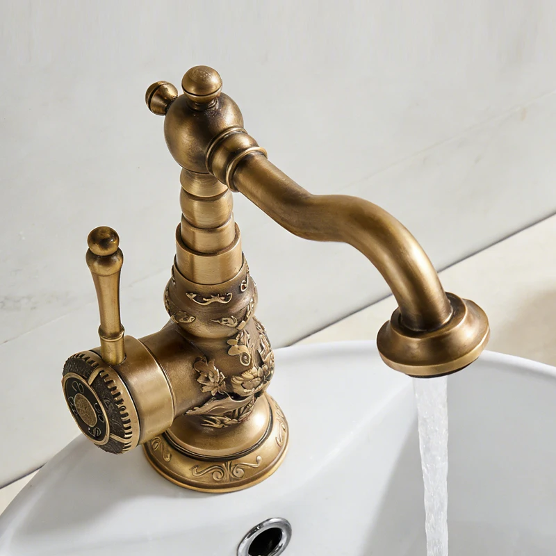 Luxury Antique Bronze Copper Carving Deck Mounted Kitchen Faucet Bathroom Basin Faucet Sink Faucet Mixer Hot and Cold Water Tap