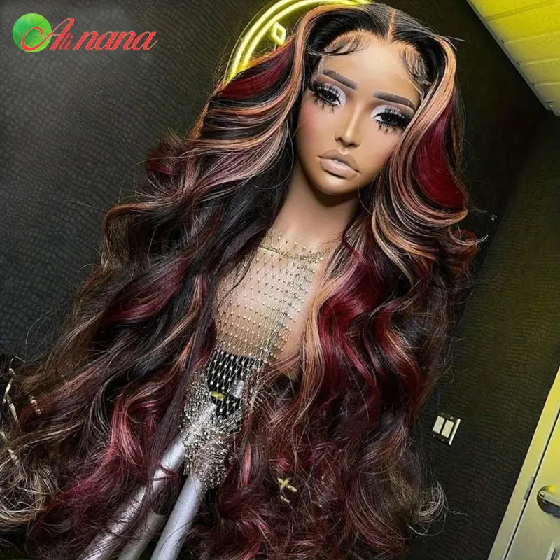 Highlights Red Blonde Colored Body Wave 180% Density Pre-Plucked 13x4 Lace Frontal Wig Remy Human Hair Wig For Black Women