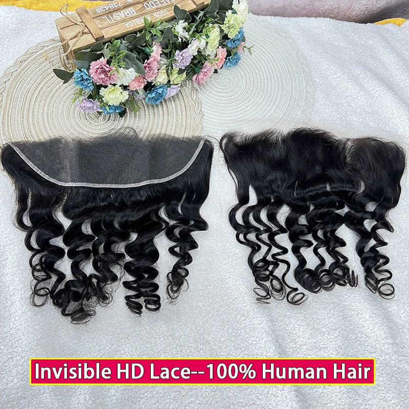 

Loose Deep Wave 13x4 HD Lace Frontal Pre Plucked Small Knots Melt Skins Invisible HD Lace 100% Raw Virgin Human Hair #1B Color