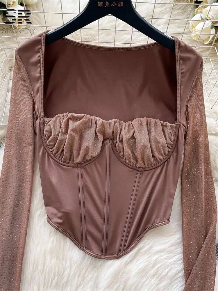 BabYoung Women Hotsweet Beading Tops 스퀘어 칼라 플레어 슬리브 셔츠 디자인 streetwear 솔리드 ​​메쉬 스플 라이스 스키니 기본 블라우스