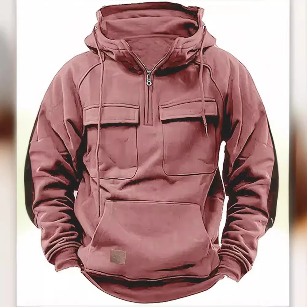 Spring and Autumn New Men's Hooded Solid Color European and American Youth Sports Multi-pocket Leather Hoodie Coat