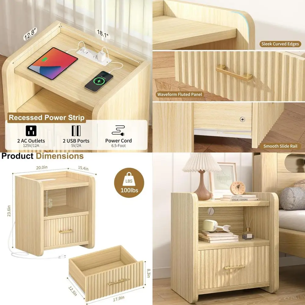 

Mid-Century Solid Wood Nightstand with Drawer Storage for Bedroom and Home Office