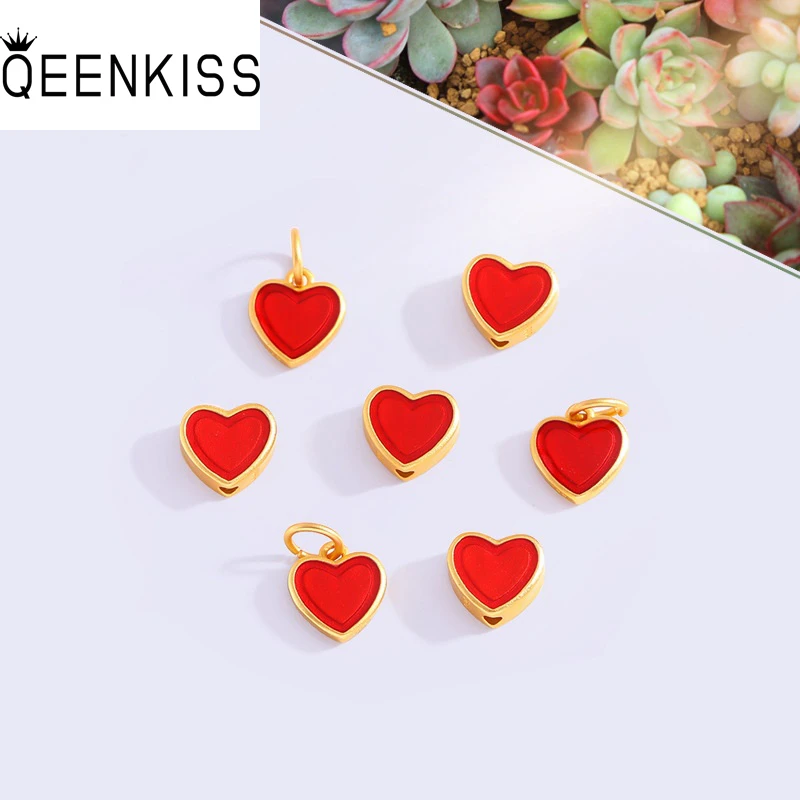 

QEENKISS 24KT Gold Heart Beads Charm Pendant For DIY Bracelet Making For Girl Children Jewelry Accessories Bulk Wholesale AC535