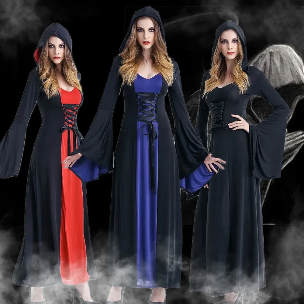 

Renaissance Gothic Vampire Witch Costume Adult Fantasia Halloween Witch Hooded Fancy Party Masquerade Long Dress