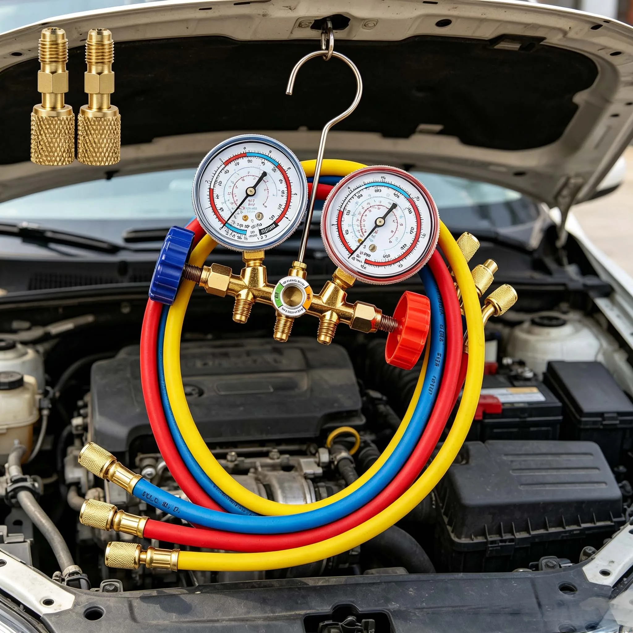 Dual Gauge AC Manifold Set with 90cm Fluoride Hoses and Standard Adapters for Charging and Diagnosing For Car Home AC Units