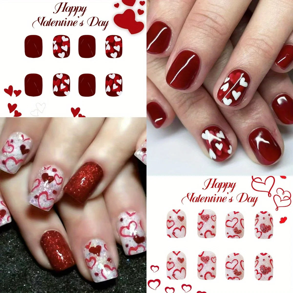 

48 шт. Накладные ногти с красными сердечками ко Дню святого Валентина, салонного качества, короткие квадратные, с блестками, романтический маникюрный набор для самостоятельного использования и в подарок