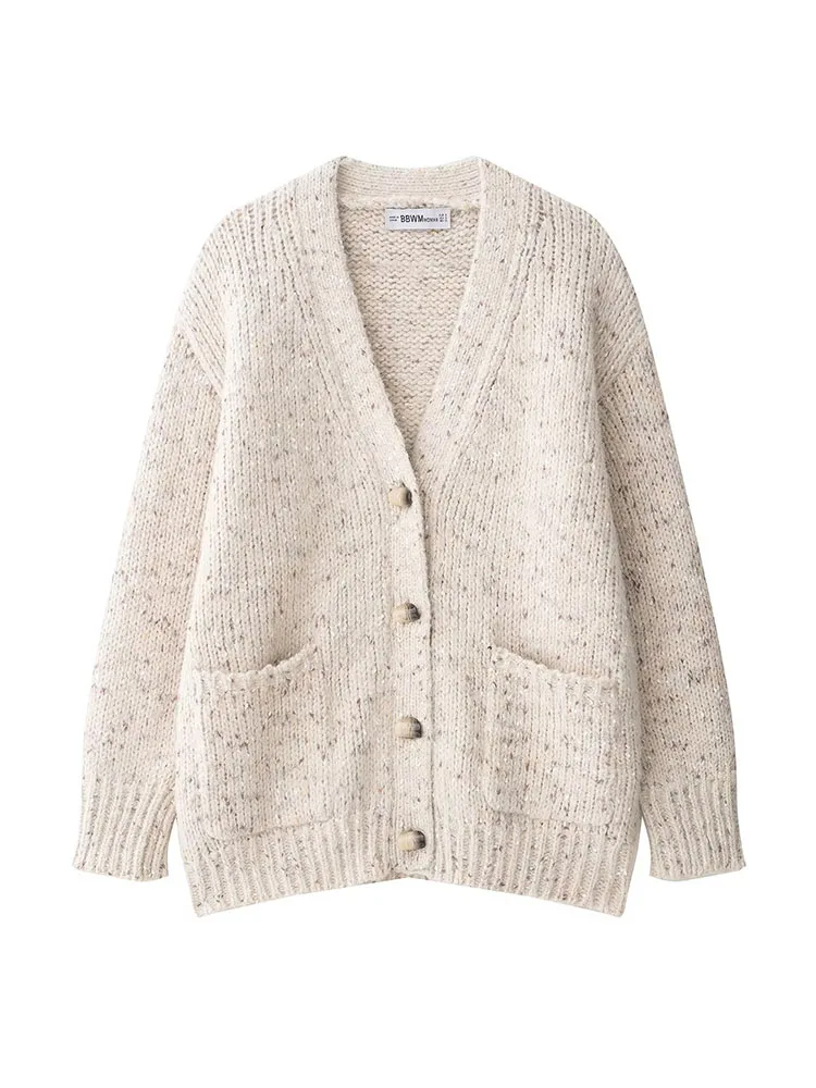 HH, nueva moda para mujer, abrigos tejidos de manga larga, bolsillos lisos con cuello en V, cárdigans sueltos informales de un solo pecho para mujer de otoño