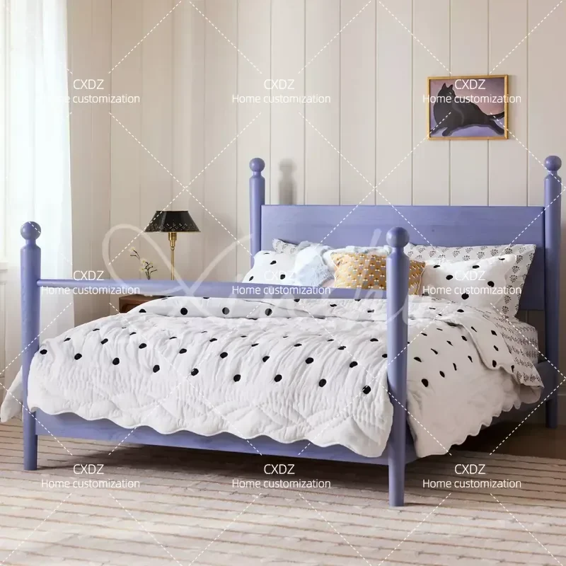 Rural Solid Wood Bed 1.8m Double Bed for Small Apartment Retro Style 1.35m Pillar Bed Simple Master Bedroom Furniture