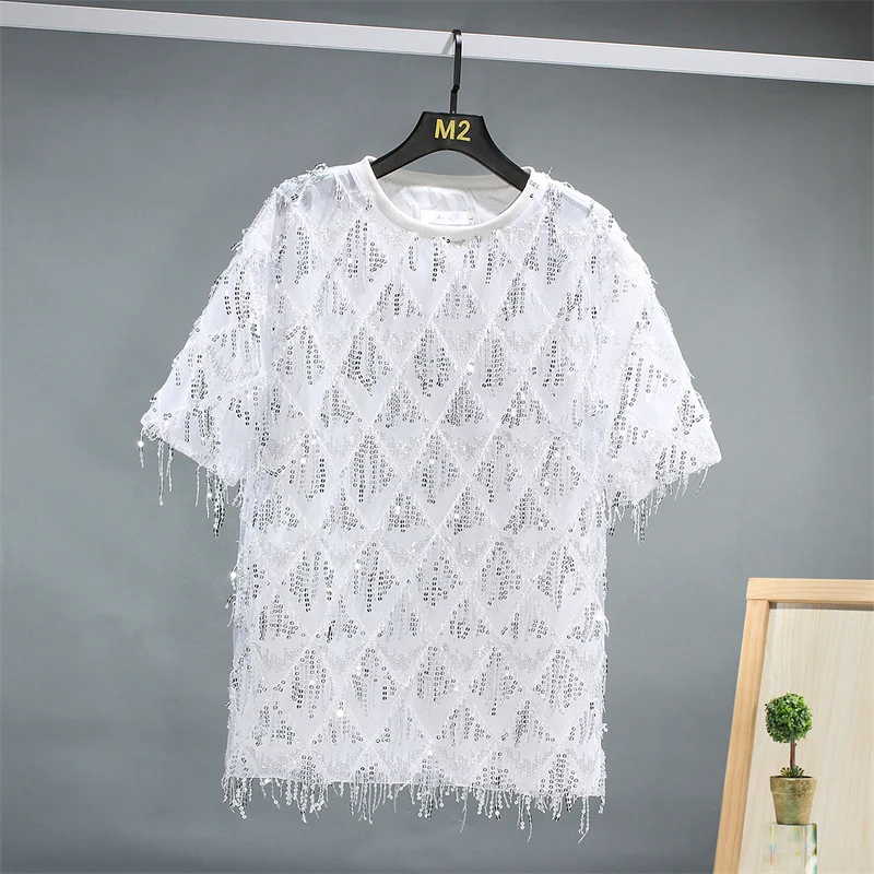 Sexy Shiny Sequin Short Sleeve T Shirt Men Summer Loose Tassel Man T-Shirts Nightclub Disco Stage Dance Performance Costume