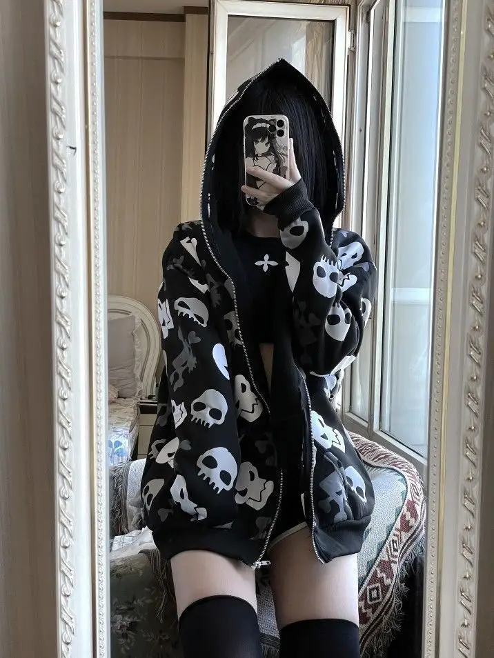 Gothic Harajuku Punk Schädel Hoodies Frauen Mall Goth Tops Streetwear Y2K Schwarz Langarm Zip Up Kapuzenpullover 2025, Herbst