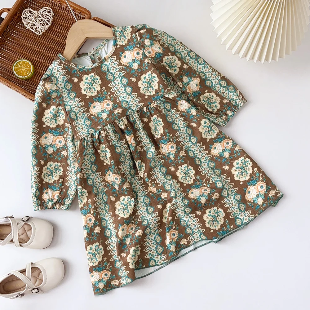 Autumn Promotion Girls' Casual Clothing Bohemian Style Flower Print Long Sleeved Dress