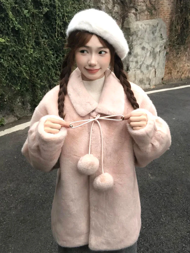 

Sweet Cute Thiened Artificial Mink Coat Women's Winter Faion Small Size Fur Coat Eco-friendly Long Sve Korean Sle
