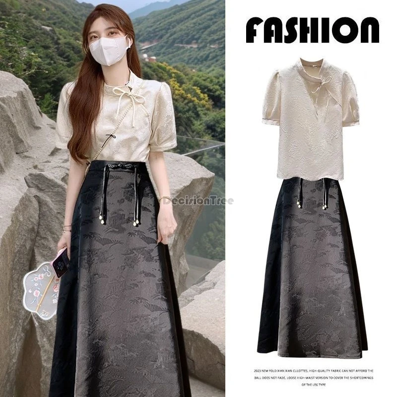 

2024 chinese style retro temperament jacquard 2-piece set improved leisure daily qipao top elegant high waist slim a-linen skirt